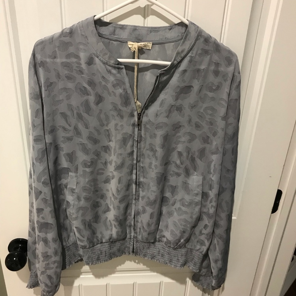 Mystree Jacquard Leopard Sheer Bomber Jacket